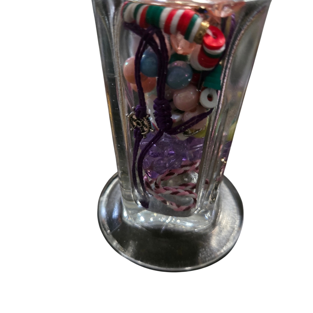 SMALL MYSTERY JEWLERY JAR FILLED WITH KIDS JEWLERY.